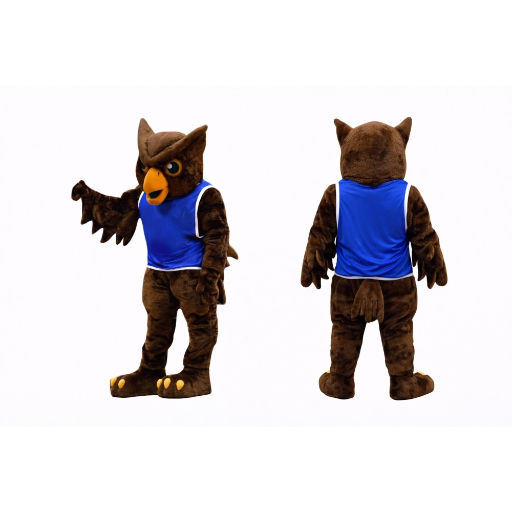 Owl Mascot Costume with Blue Sports Jersey Full Body Cartoon Owl Character Outfit