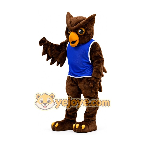 Owl Mascot Costume with Blue Sports Jersey Full Body Cartoon Owl Character Outfit Owl Mascot Costume with Blue Sports Jersey Full Body Cartoon Owl Character Outfit