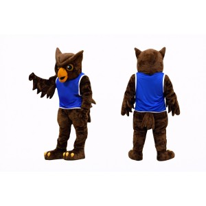 Owl Mascot Costume with Blue Sports Jersey Full Body Cartoon Owl Character Outfit