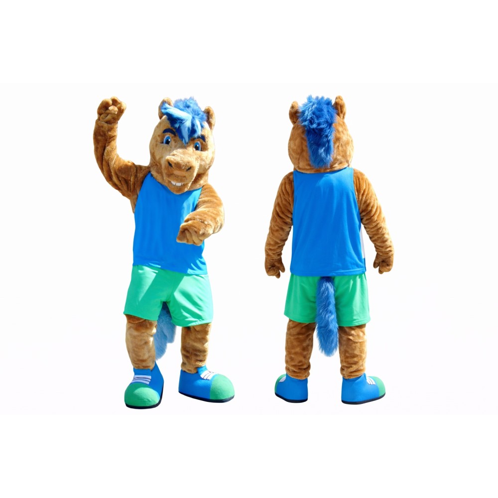 Horse Mascot Costume with Blue Sports Tank Top & Shorts Full Body Cartoon Pony Character Outfit