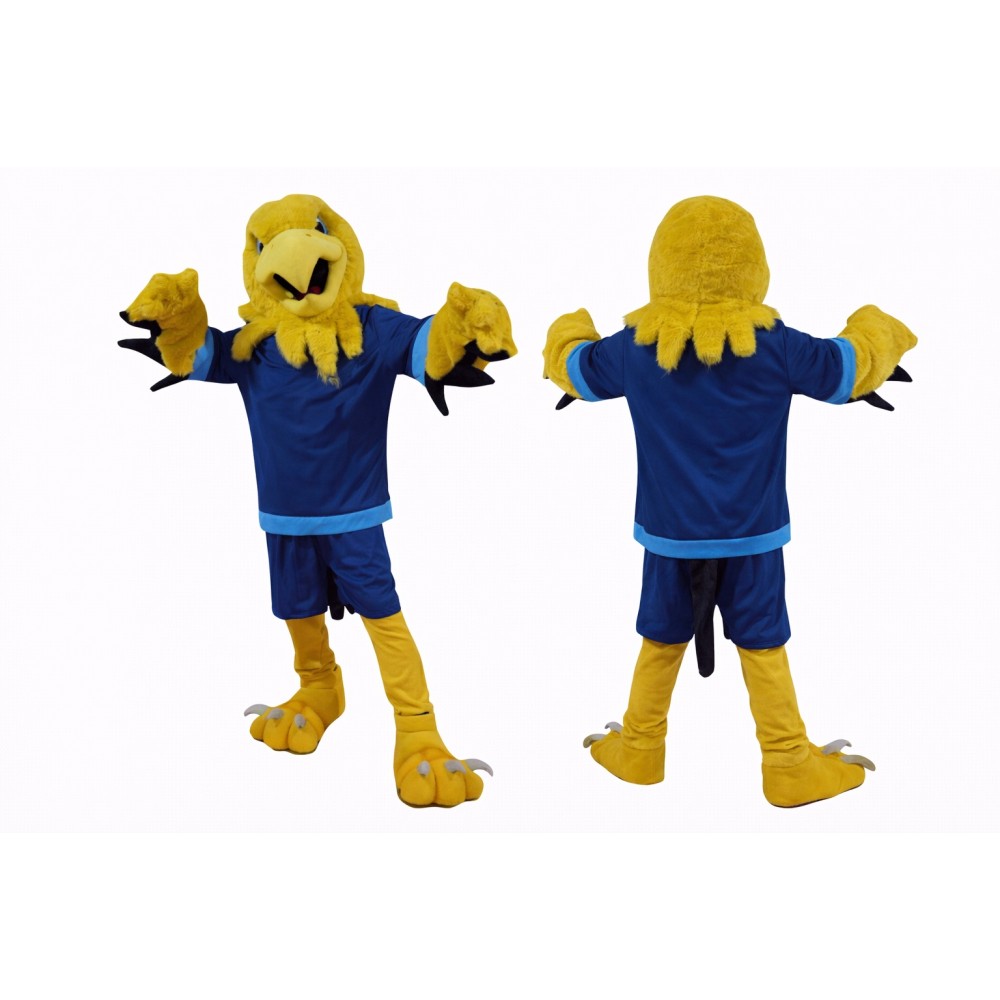 Eagle Mascot Costume with Blue Sports Uniform Full Body Cartoon Bird Character Outfit