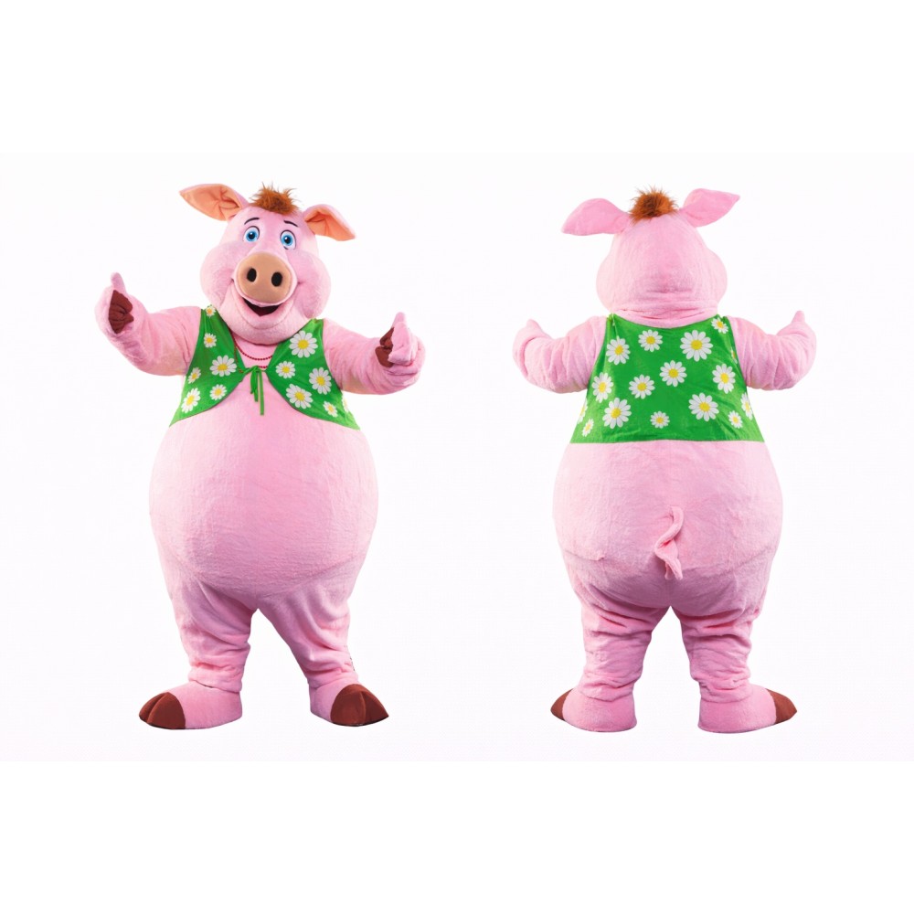 Pink Pig Mascot Costume with Daisy Vest Full Body Cartoon Farm Animal Character Outfit for Events, Parties & Promotions