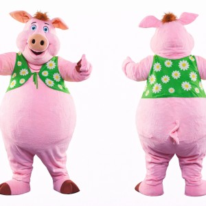 Pink Pig Mascot Costume with Daisy Vest Full Body Cartoon Farm Animal Character Outfit for Events, Parties & Promotions