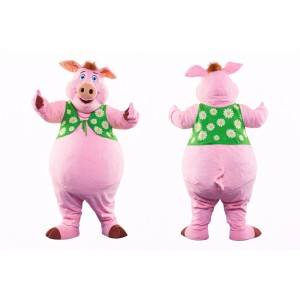 Pink Pig Mascot Costume with Daisy Vest Full Body Cartoon Farm Animal Character Outfit for Events, Parties & Promotions