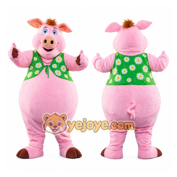 Pink Pig Mascot Costume with Daisy Vest Full Body Cartoon Farm Animal Character Outfit for Events, Parties & Promotions
