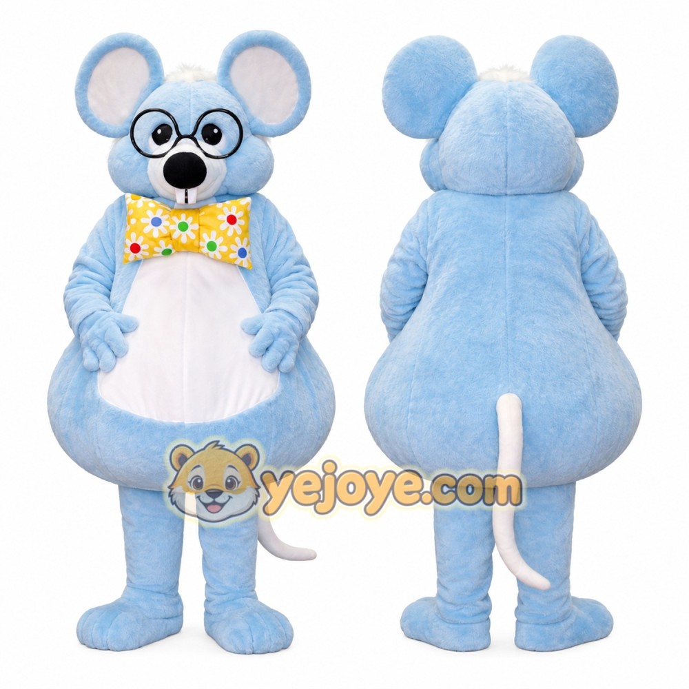 Blue Mouse Mascot Costume with Glasses & Floral Bow Tie Full Body Cartoon Mouse Character Outfit Blue Mouse Mascot Costume with Glasses & Floral Bow Tie Full Body Cartoon Mouse Character Outfit