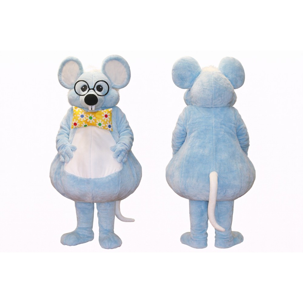 Blue Mouse Mascot Costume with Glasses & Floral Bow Tie Full Body Cartoon Mouse Character Outfit