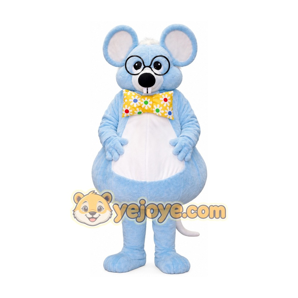 Blue Mouse Mascot Costume with Glasses & Floral Bow Tie Full Body Cartoon Mouse Character Outfit Blue Mouse Mascot Costume with Glasses & Floral Bow Tie Full Body Cartoon Mouse Character Outfit