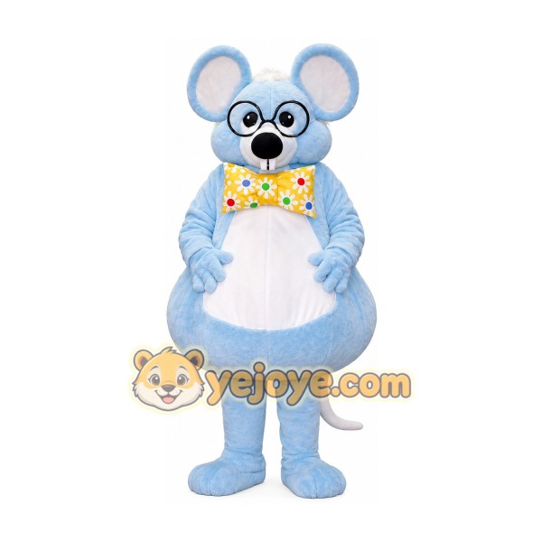 Blue Mouse Mascot Costume with Glasses & Floral Bow Tie Full Body Cartoon Mouse Character Outfit Blue Mouse Mascot Costume with Glasses & Floral Bow Tie Full Body Cartoon Mouse Character Outfit