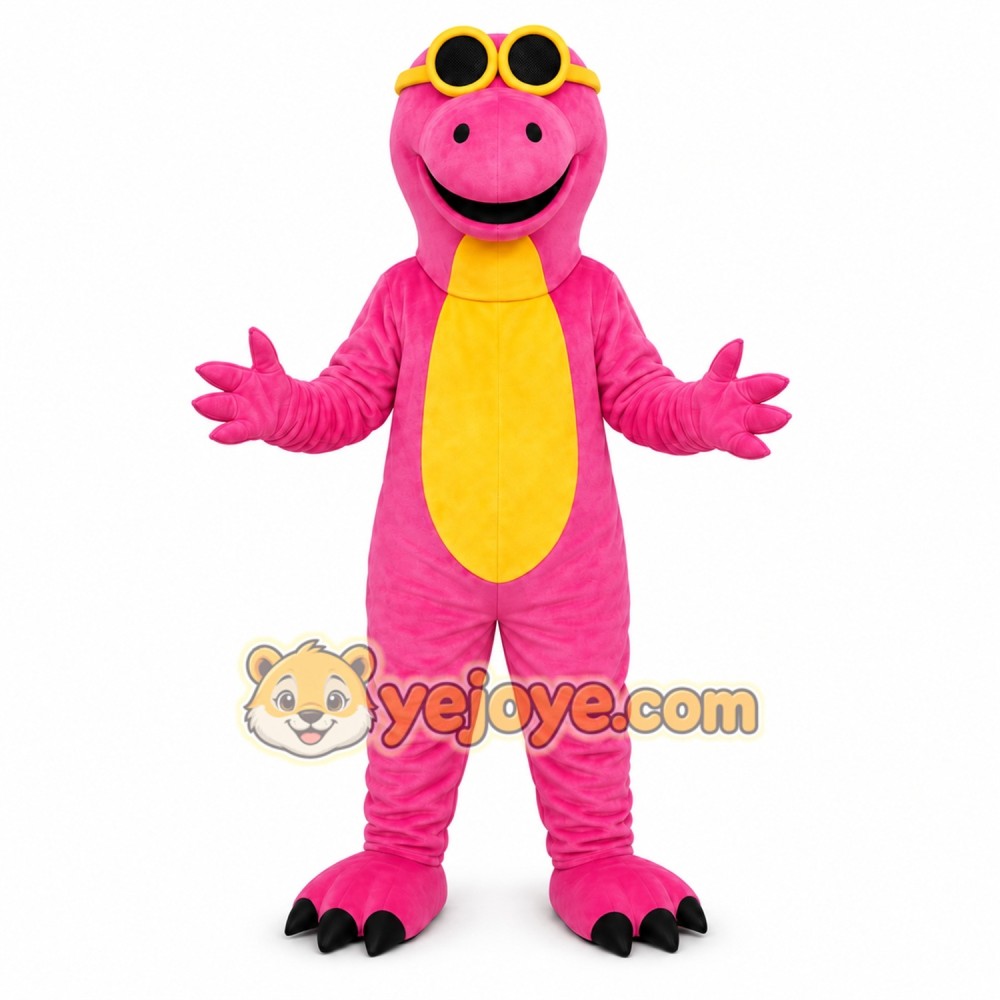 Cute Pink Dinosaur Mascot Costume with Yellow Belly Cute Pink Dinosaur Mascot Costume with Yellow Belly