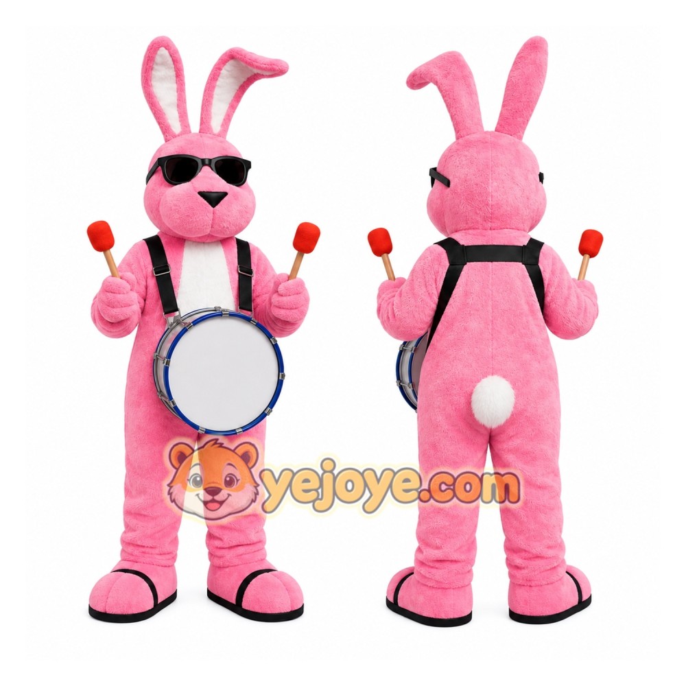 Pink Bunny Drummer Mascot Costume Pink Bunny Drummer Mascot Costume