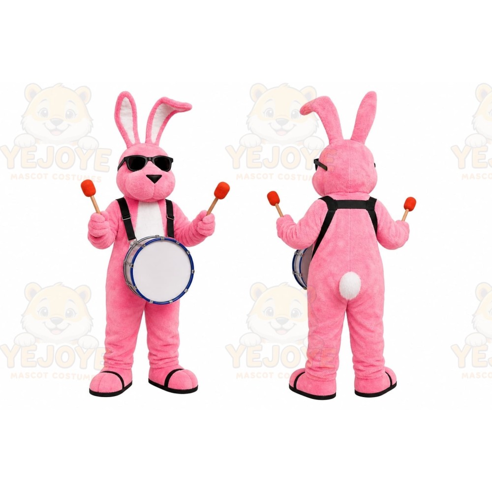 Pink Bunny Drummer Mascot Costume