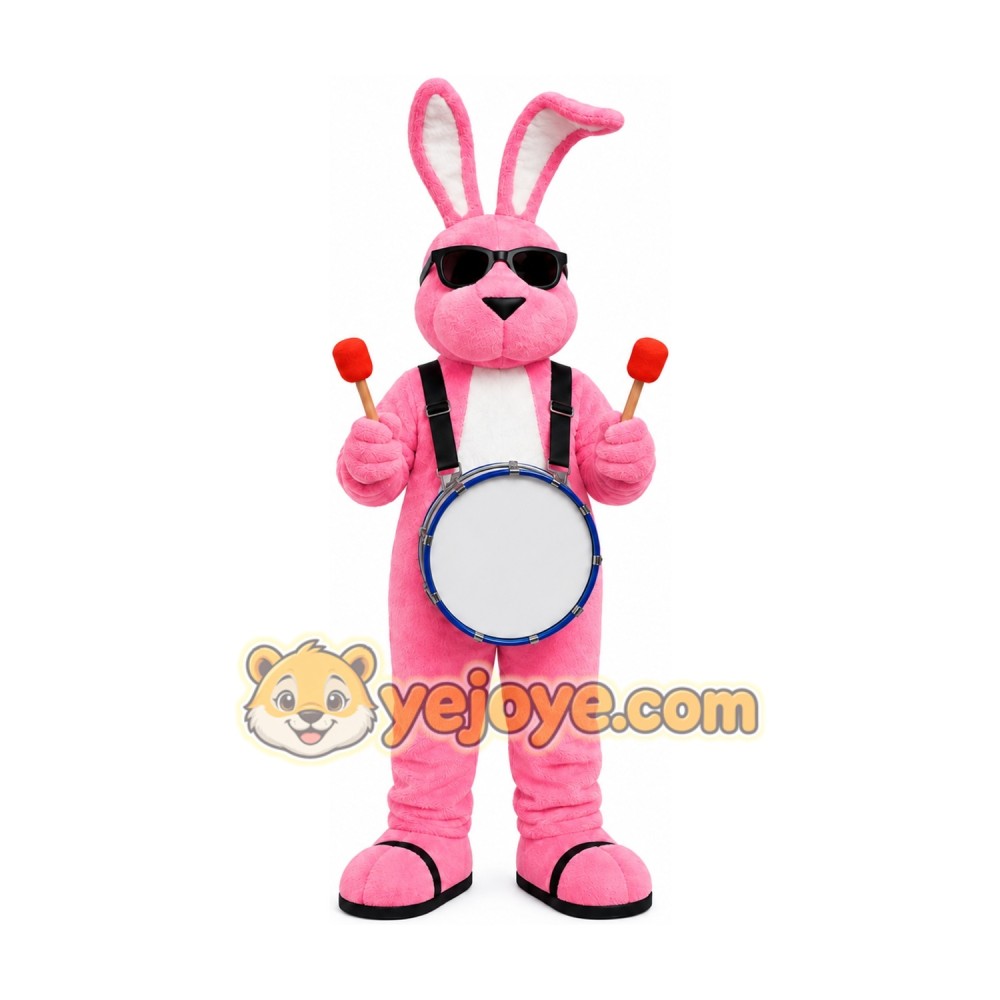 Pink Bunny Drummer Mascot Costume Pink Bunny Drummer Mascot Costume