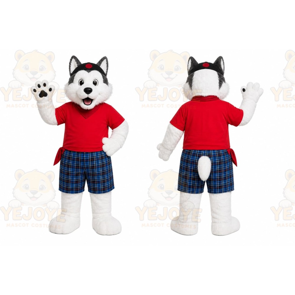 White Husky Red Shirt Mascot Costume