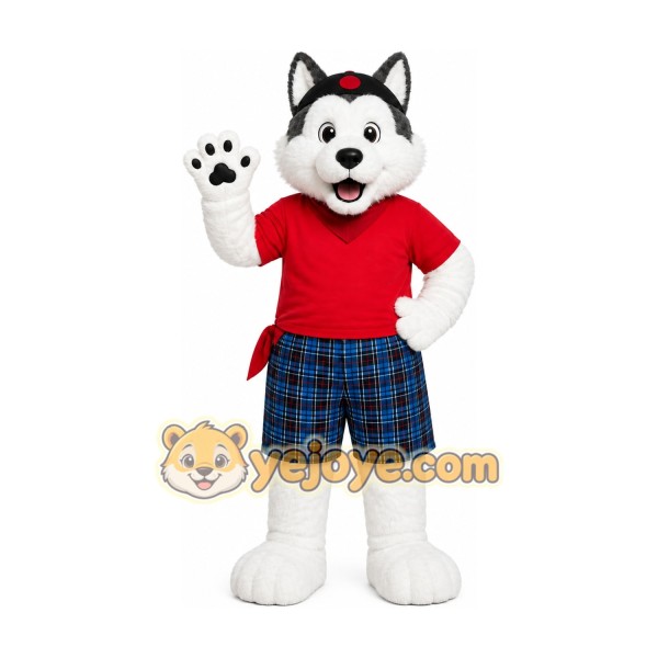White Husky Red Shirt Mascot Costume