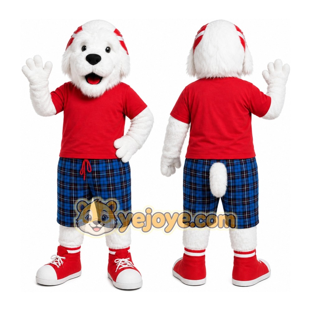 White Dog Red Shirt Mascot Costume White Dog Red Shirt Mascot Costume