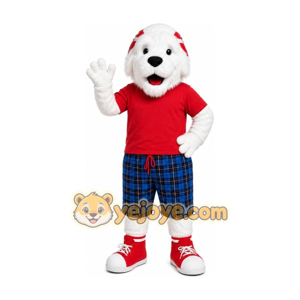 White Dog Red Shirt Mascot Costume