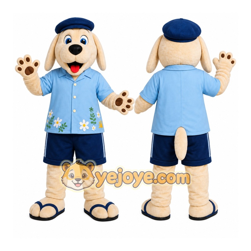 Beige Dog Blue Shirt Mascot Costume Beige Dog Blue Shirt Mascot Costume