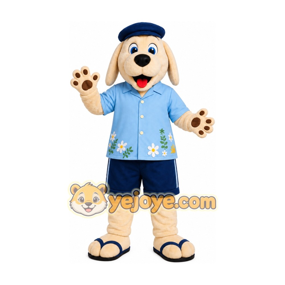 Beige Dog Blue Shirt Mascot Costume Beige Dog Blue Shirt Mascot Costume