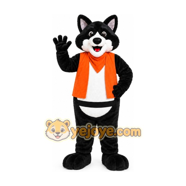 Black Fox Orange Vest Mascot Costume Black Fox Orange Vest Mascot Costume