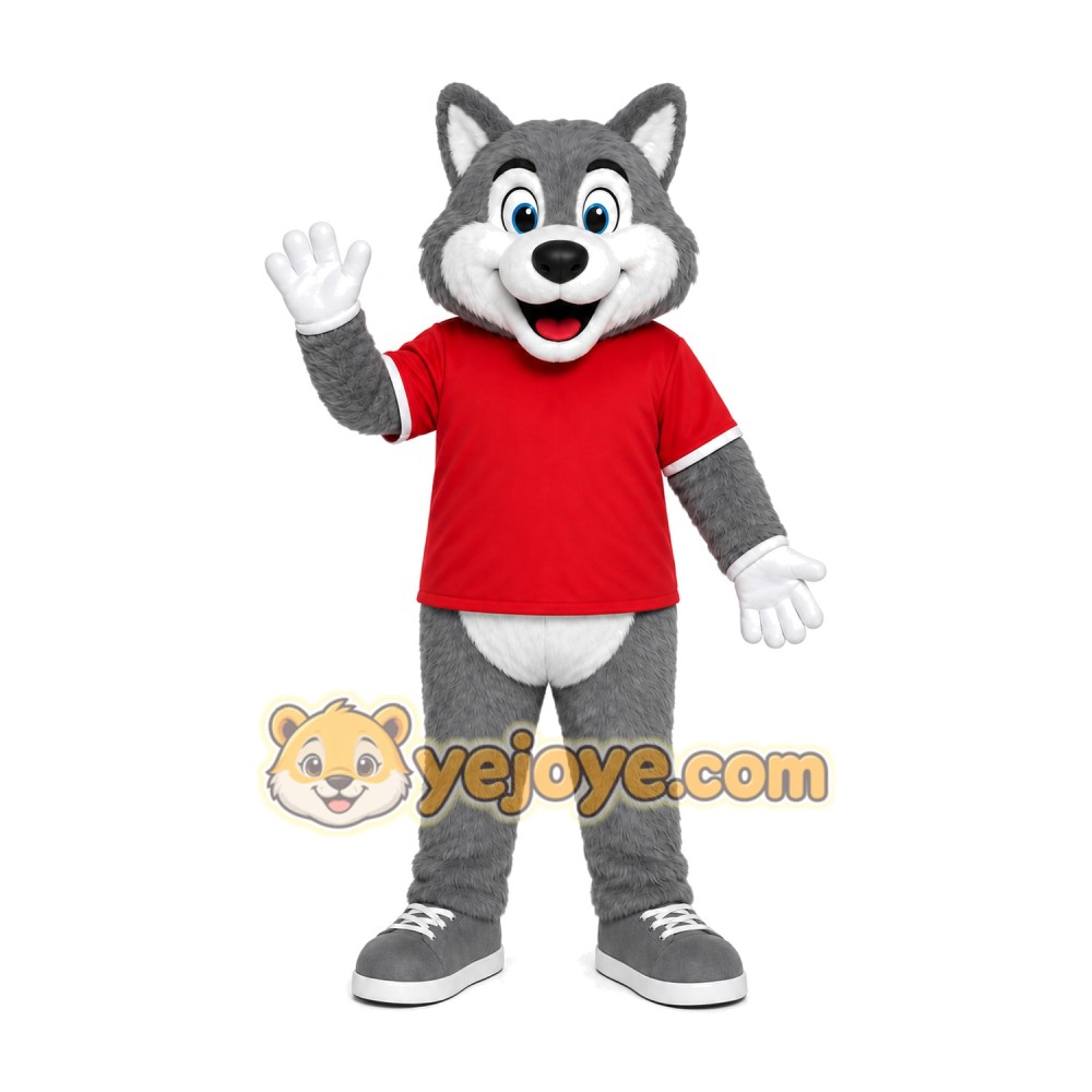 Gray Wolf Red Shirt Mascot Costume Gray Wolf Red Shirt Mascot Costume