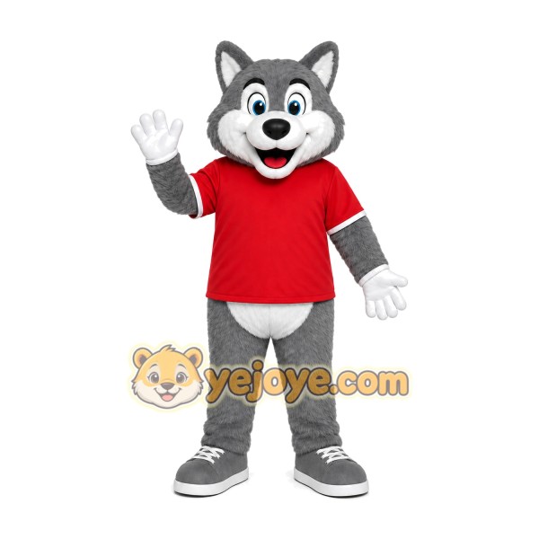 Gray Wolf Red Shirt Mascot Costume Gray Wolf Red Shirt Mascot Costume