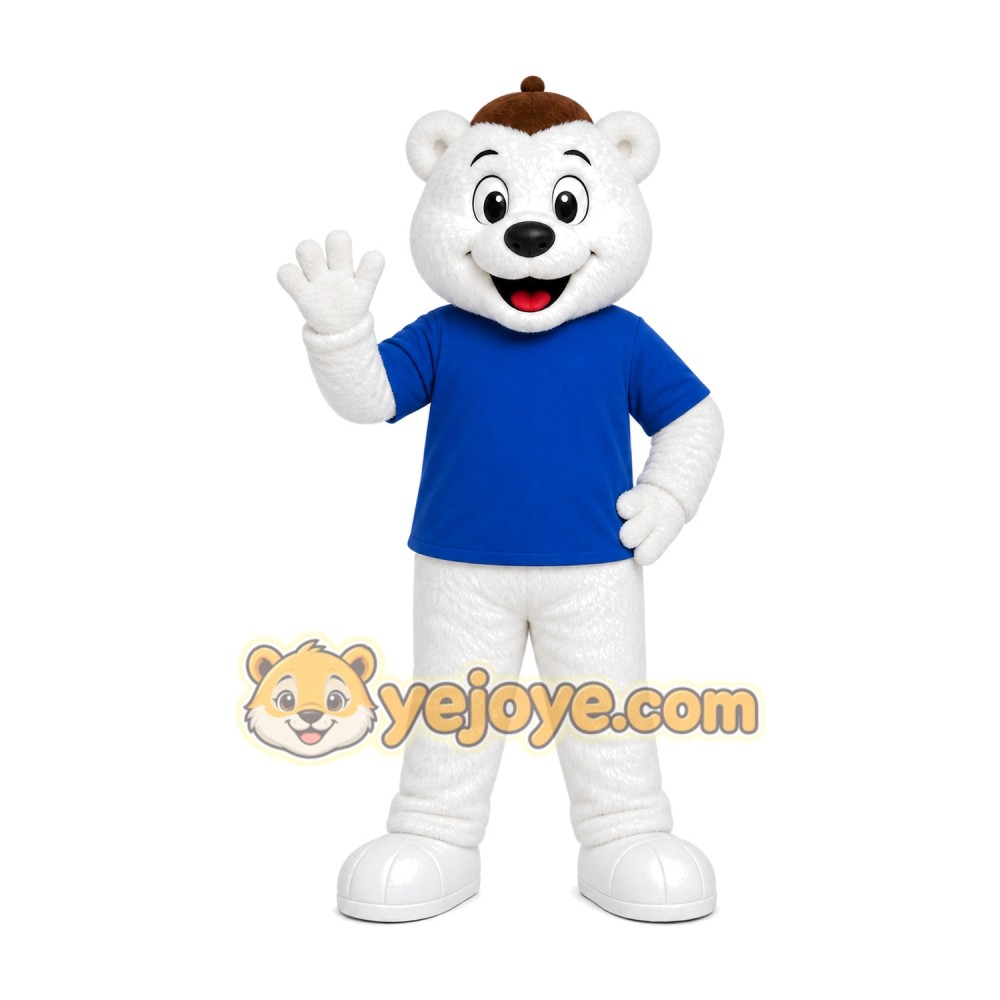 White Cat Blue Shirt Mascot Costume
