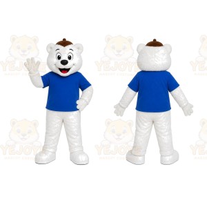 White Cat Blue Shirt Mascot Costume