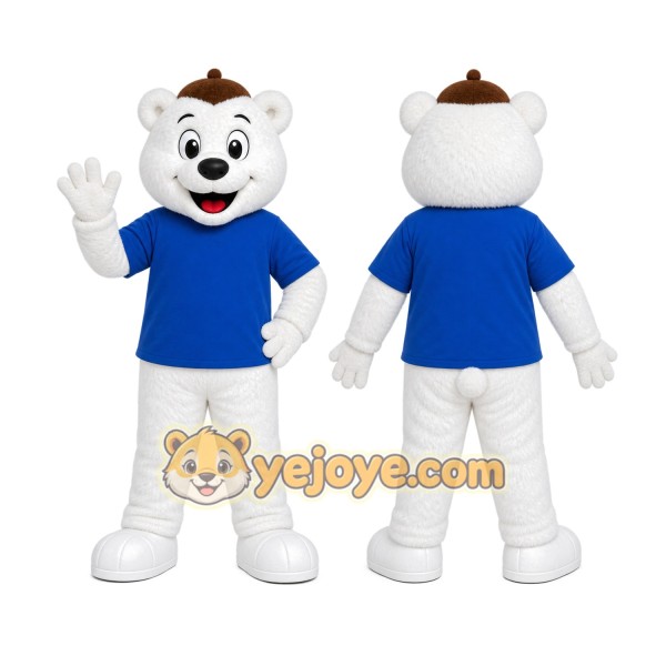 White Cat Blue Shirt Mascot Costume