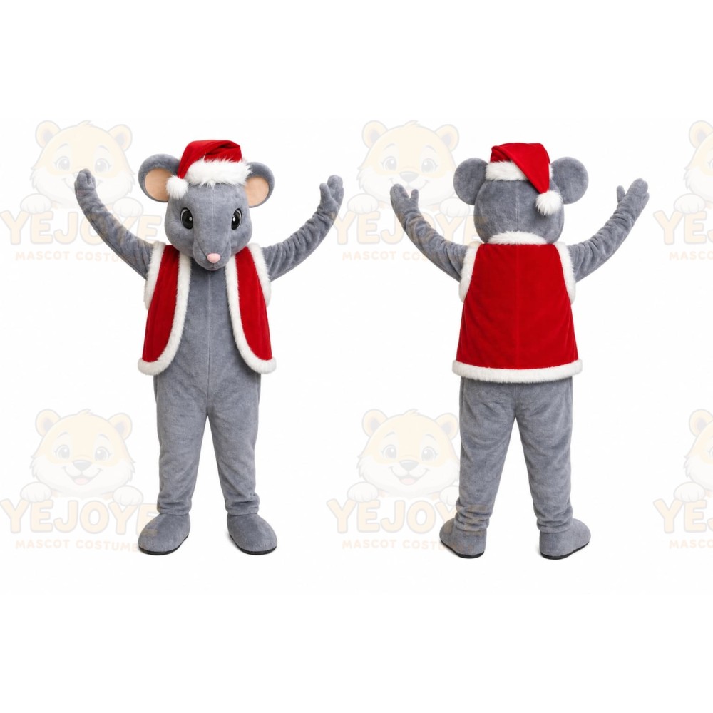 Gray Santa Mouse Mascot Costume