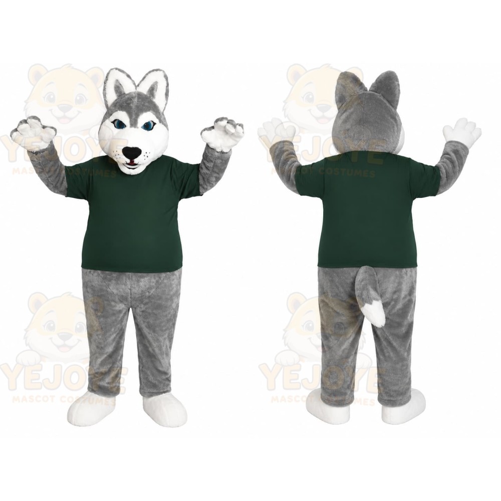 Gray Husky Green Shirt Mascot Costume