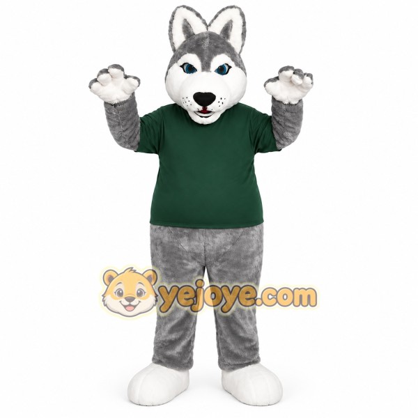 Gray Husky Green Shirt Mascot Costume Gray Husky Green Shirt Mascot Costume