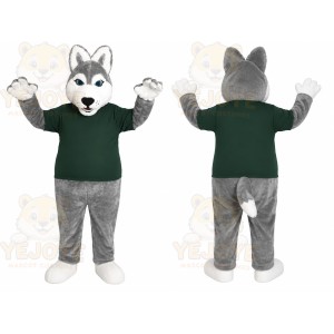 Gray Husky Green Shirt Mascot Costume