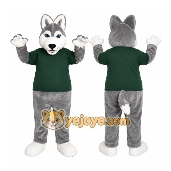 Gray Husky Green Shirt Mascot Costume