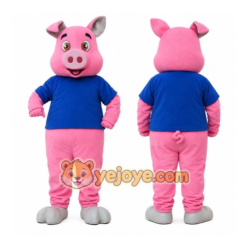 Pink Pig Blue Shirt Mascot Costume Pink Pig Blue Shirt Mascot Costume