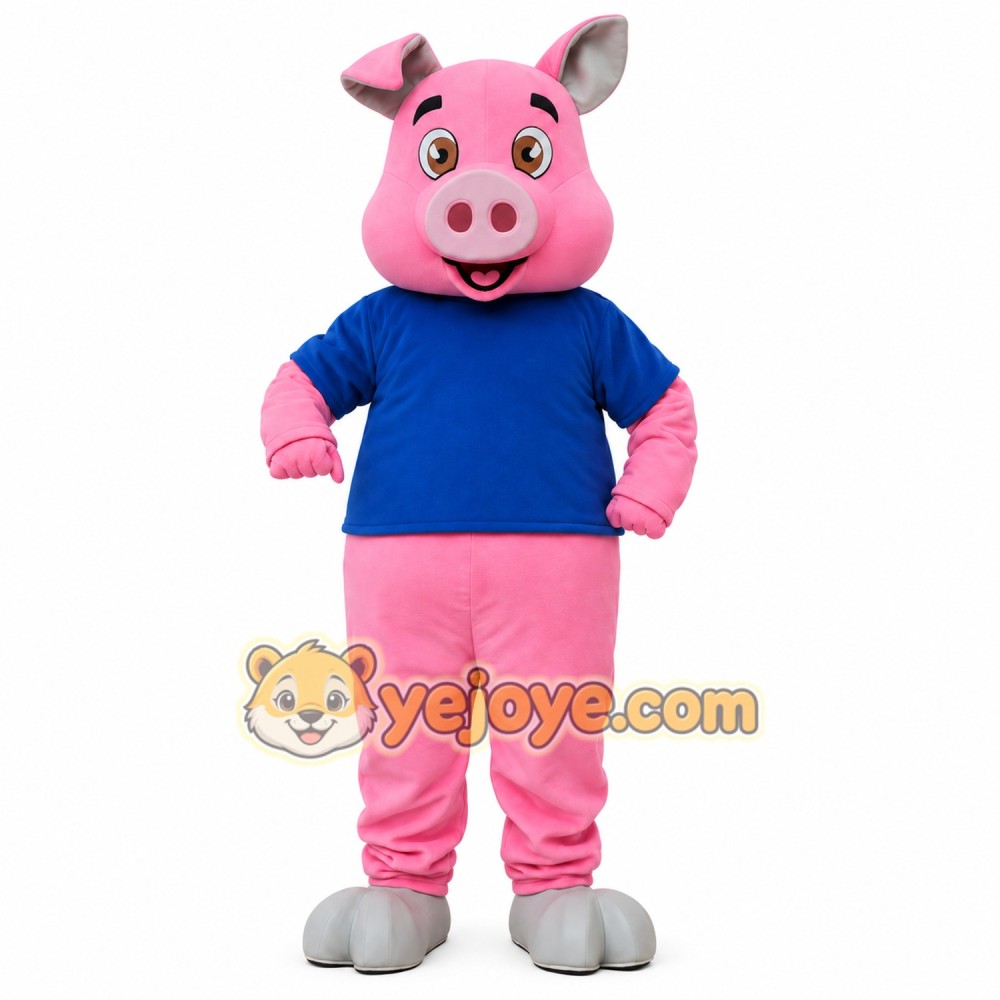 Pink Pig Blue Shirt Mascot Costume Pink Pig Blue Shirt Mascot Costume