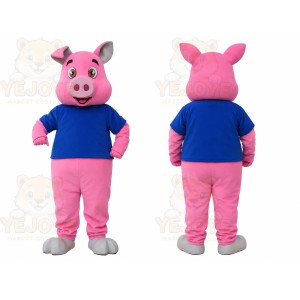 Pink Pig Blue Shirt Mascot Costume