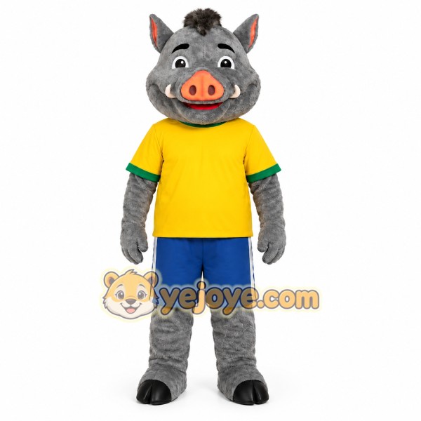 Gray Pig Yellow Shirt Mascot Costume
