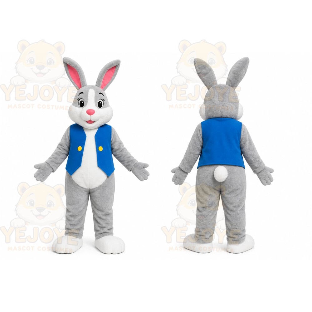 Gray Rabbit Blue Shirt Mascot Costume
