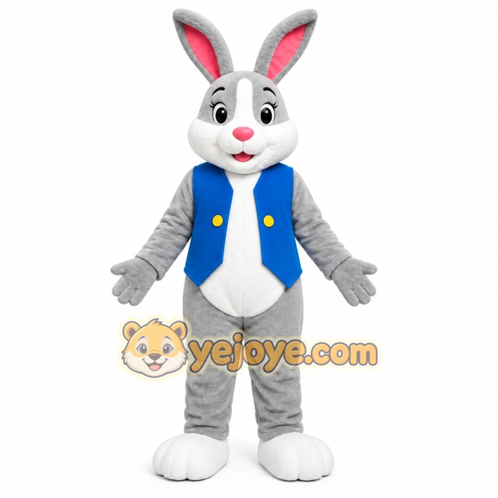 Gray Rabbit Blue Shirt Mascot Costume Gray Rabbit Blue Shirt Mascot Costume