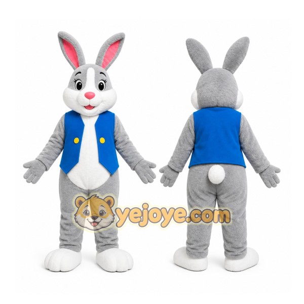 Gray Rabbit Blue Shirt Mascot Costume