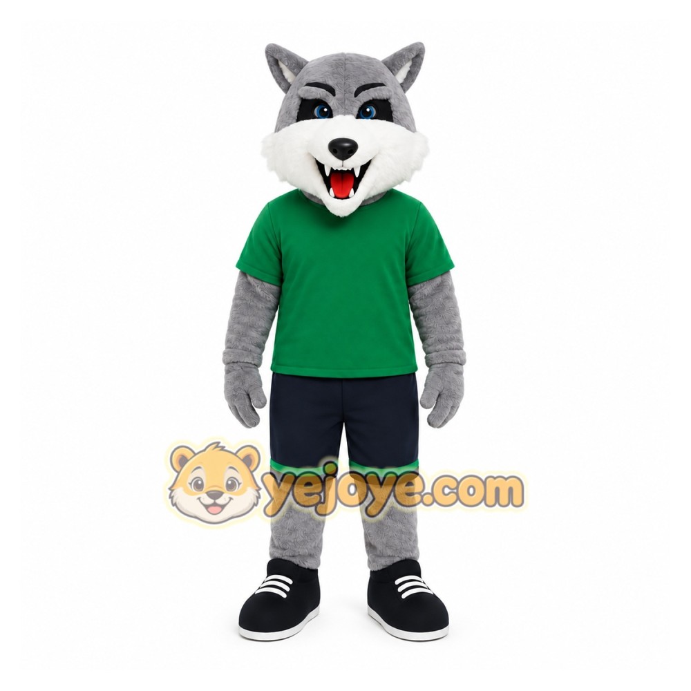 Gray Wolf Green Shirt Mascot Costume Gray Wolf Green Shirt Mascot Costume