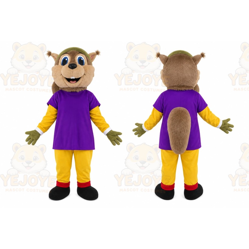 Brown Squirrel Purple Shirt Mascot Costume