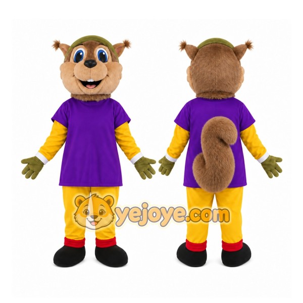 Brown Squirrel Purple Shirt Mascot Costume