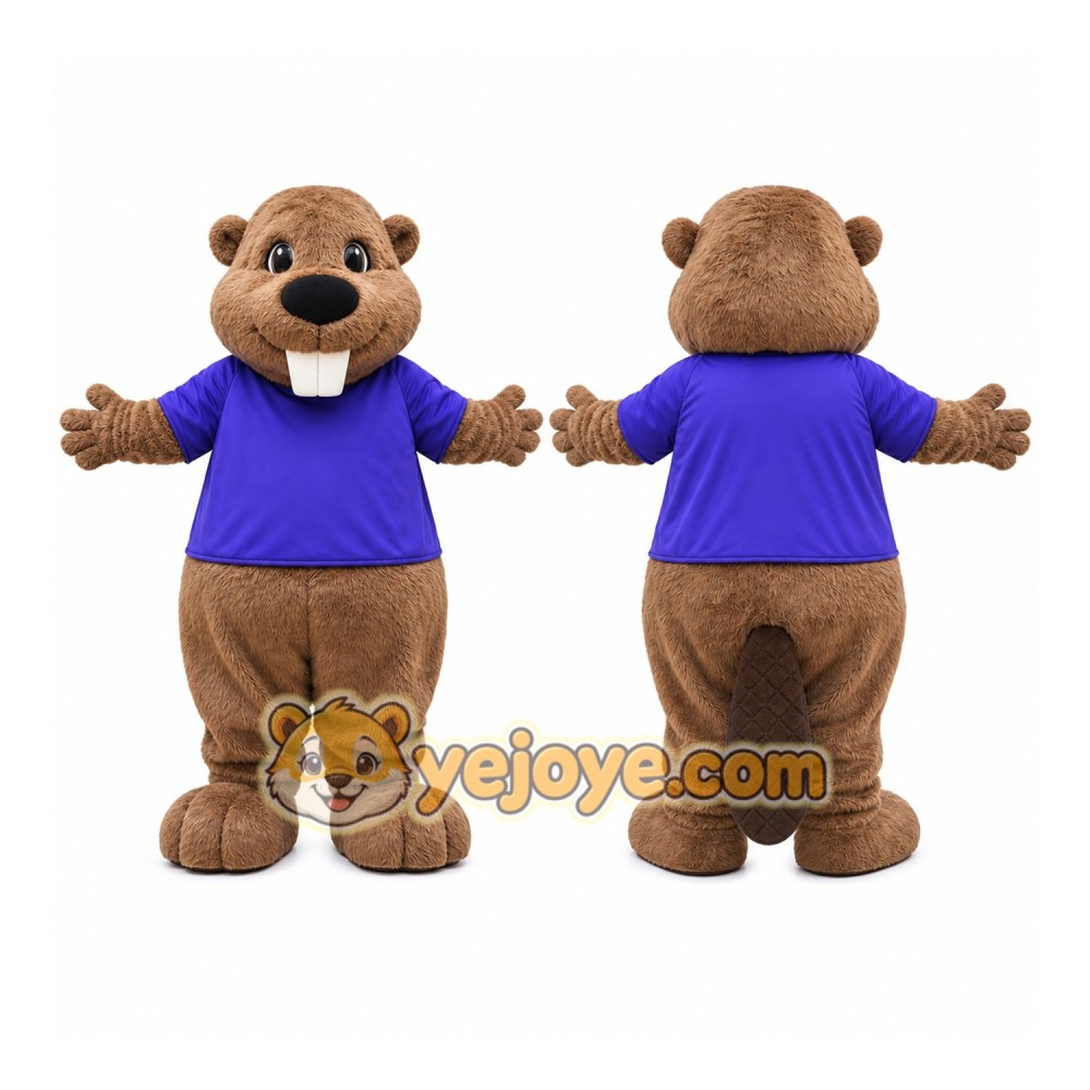 Brown Beaver Purple Shirt Mascot Costume Brown Beaver Purple Shirt Mascot Costume