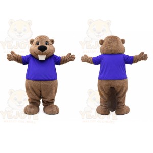 Brown Beaver Purple Shirt Mascot Costume
