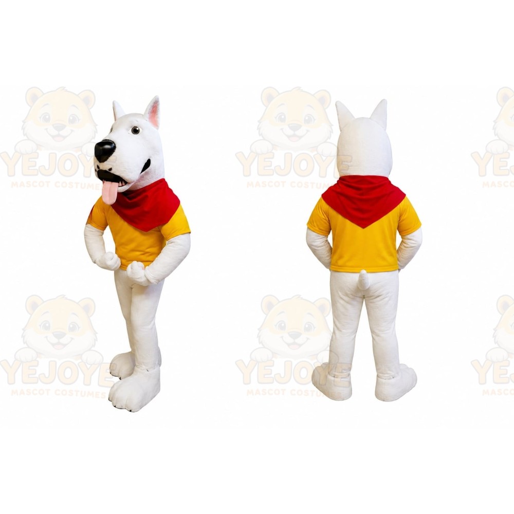 White Dog Yellow Vest Mascot Costume