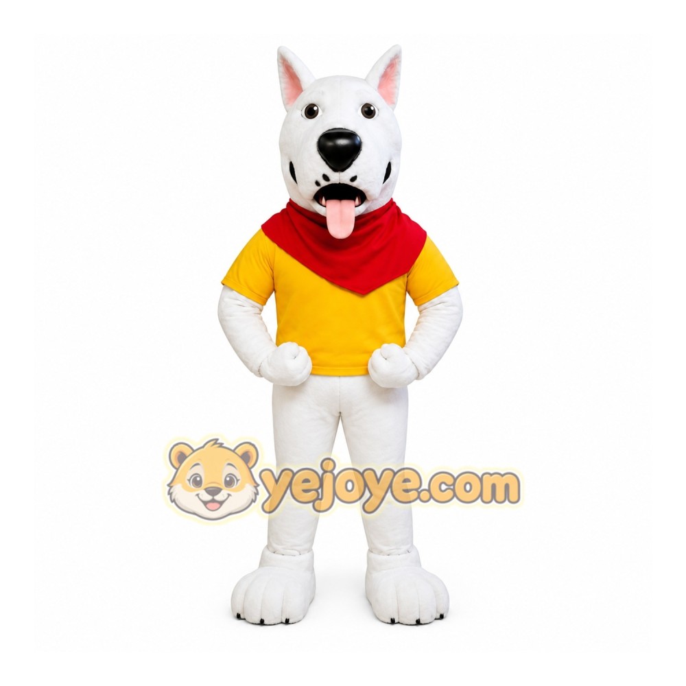 White Dog Yellow Vest Mascot Costume White Dog Yellow Vest Mascot Costume