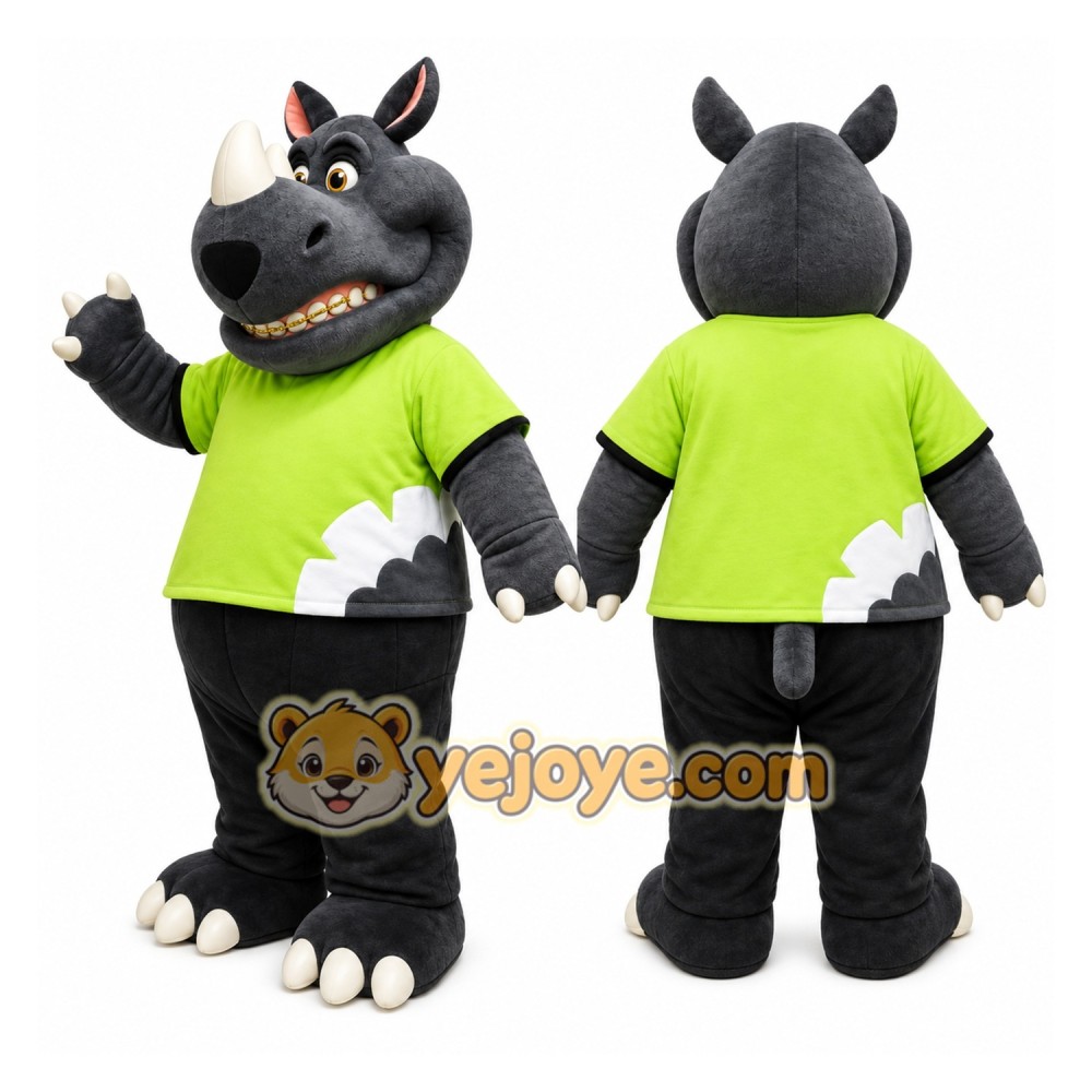 Gray Rhino Green Shirt Mascot Costume Gray Rhino Green Shirt Mascot Costume