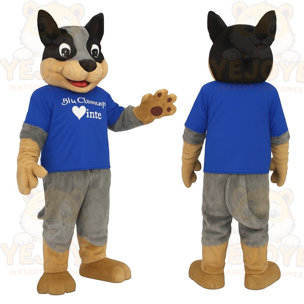 Black Gray Tan Dog Blue Shirt Mascot Costume